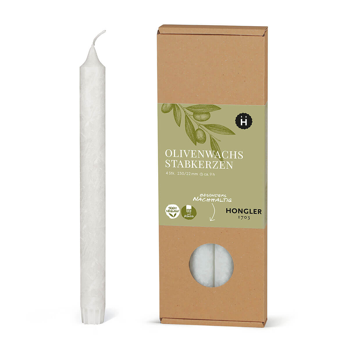 Stabkerzen aus Olivenwachs  – kristallin – 230/22 mm – vegan – Packung à 4 Stück  Stabkerzen aus Olivenwachs  – kristallin – 230/22 mm – vegan – Packung à 4 Stück