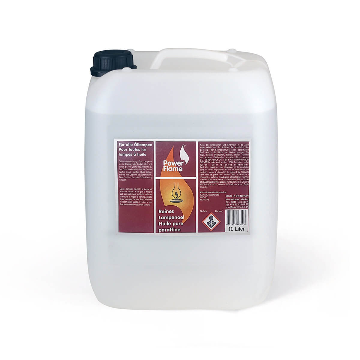 Large, opaque white 10-litre canister with a black screw cap and handle, filled with pure lamp oil (paraffin oil). Red-brown Power Flame label featuring a flame, an oil lamp, as well as instructions and safety information.