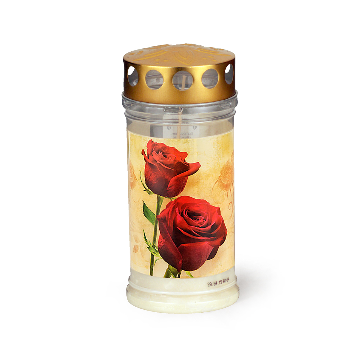 2774-00-A Grablicht mit Golddeckel No. 413 weiss - mit Rosen-Motiv - Brenndauer ca. 4 Tage