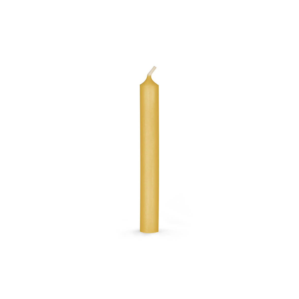 A single, slender amber Christmas tree candle stands in the centre of a white background. The candle is solid-coloured, has a smooth surface and a slightly tapered top. The wick is short and light in colour.