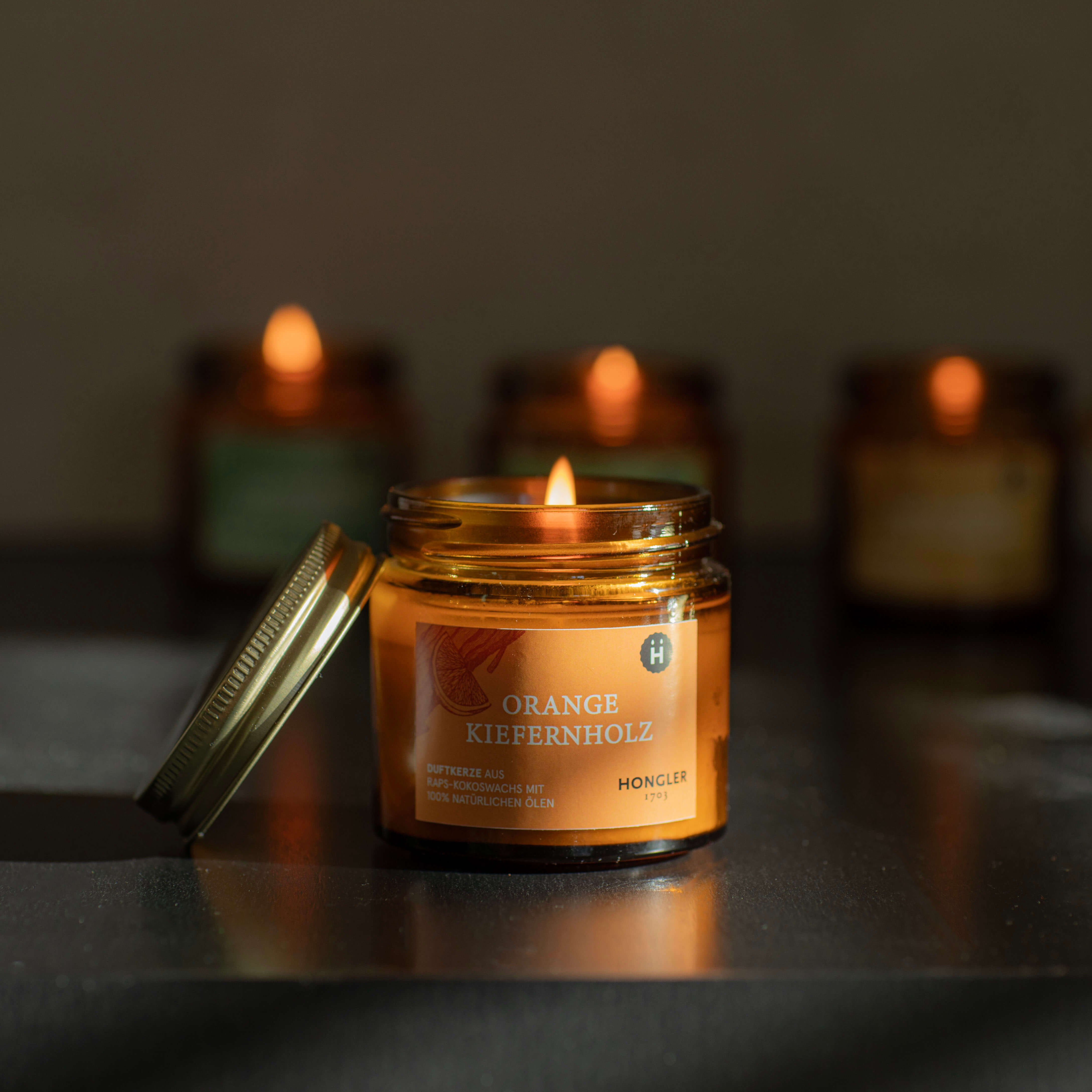 Duftkerze Hongler Orange Kiefernholz – rein natürliche Öle – vegan – aus Raps-Kokoswachs