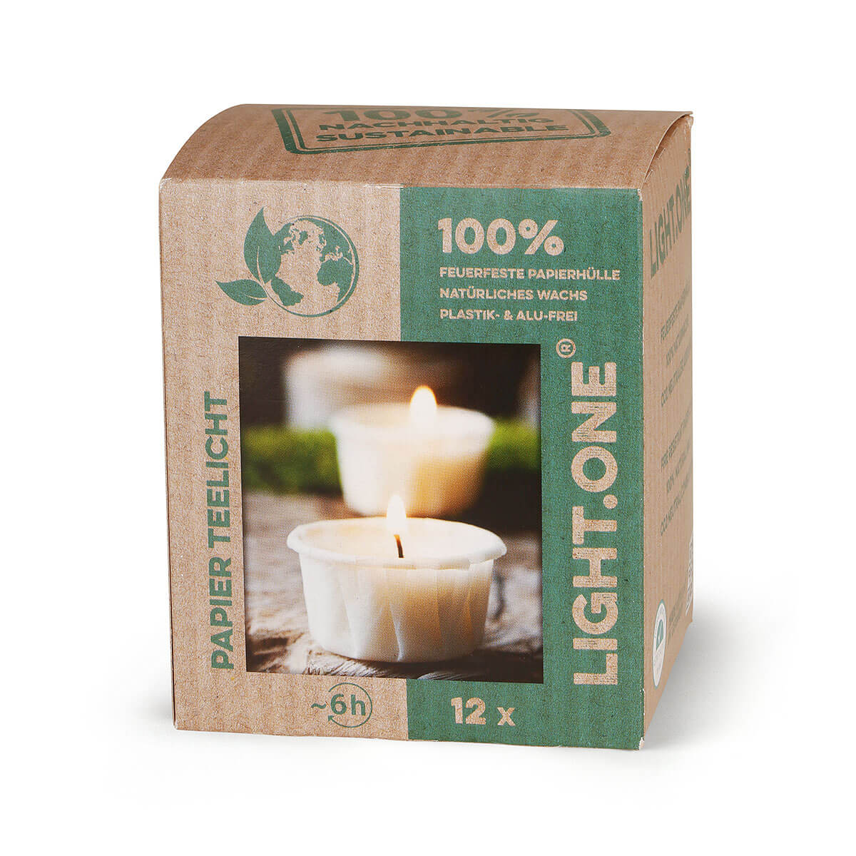 Teelichte vegan 6 h - aus Rapswachs – mit Papierhülle  – Light.One  – Pack à 12 Stück Teelichte vegan 6 h - aus Rapswachs – mit Papierhülle  – Light.One  – Pack à 12 Stück