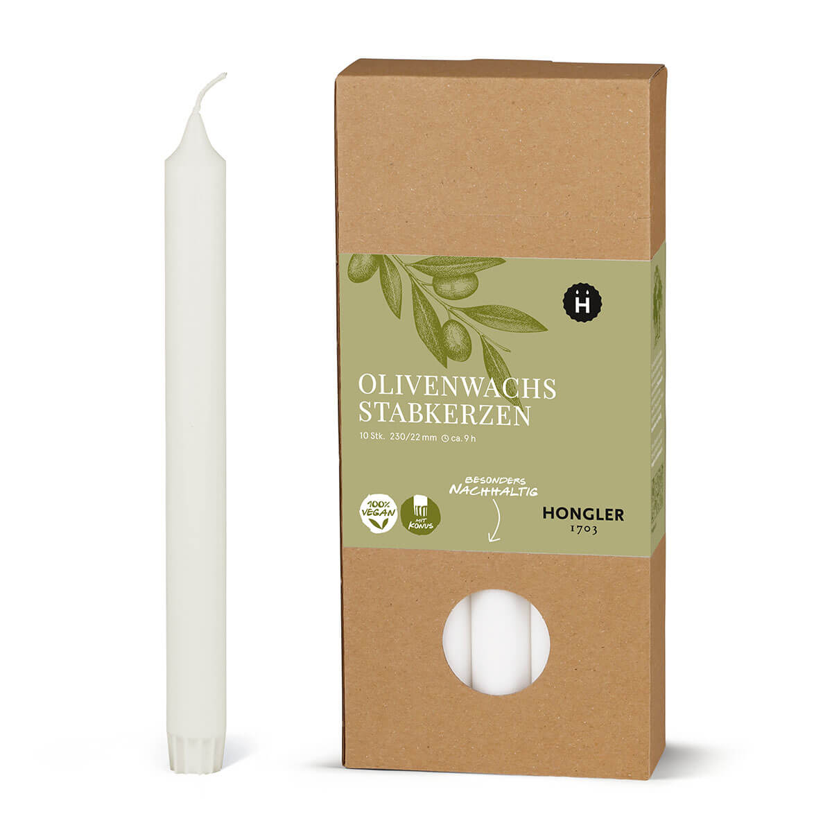 Stabkerzen aus Olivenwachs  – glatt – 230/22 mm – vegan