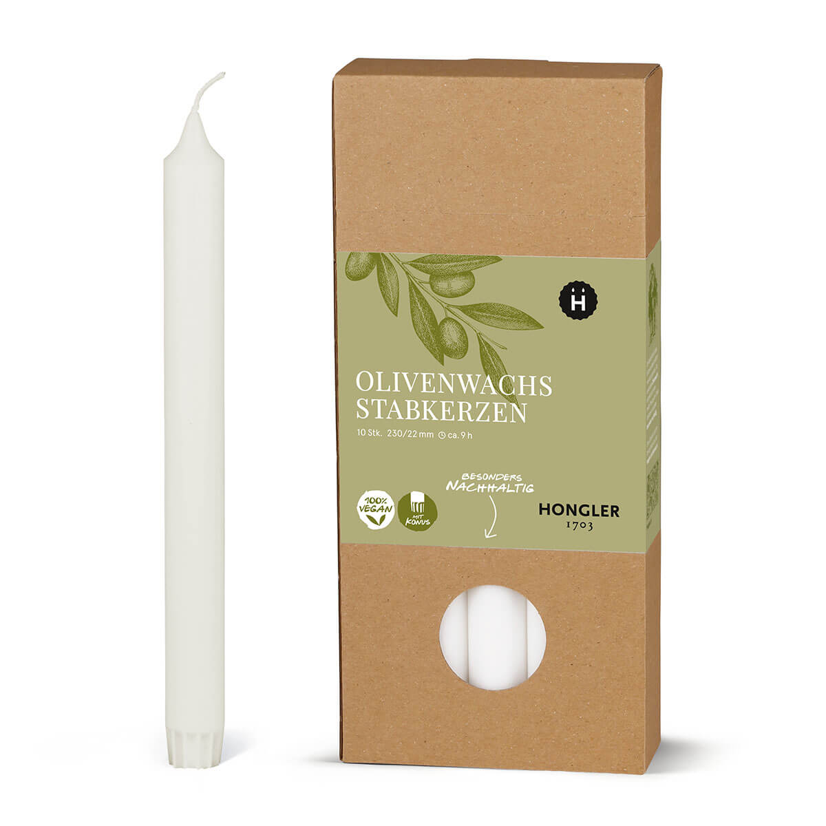 Stabkerzen aus Olivenwachs  – glatt – 230/22 mm – vegan – Packung à 10 Stück Stabkerzen aus Olivenwachs  – glatt – 230/22 mm – vegan – Packung à 10 Stück