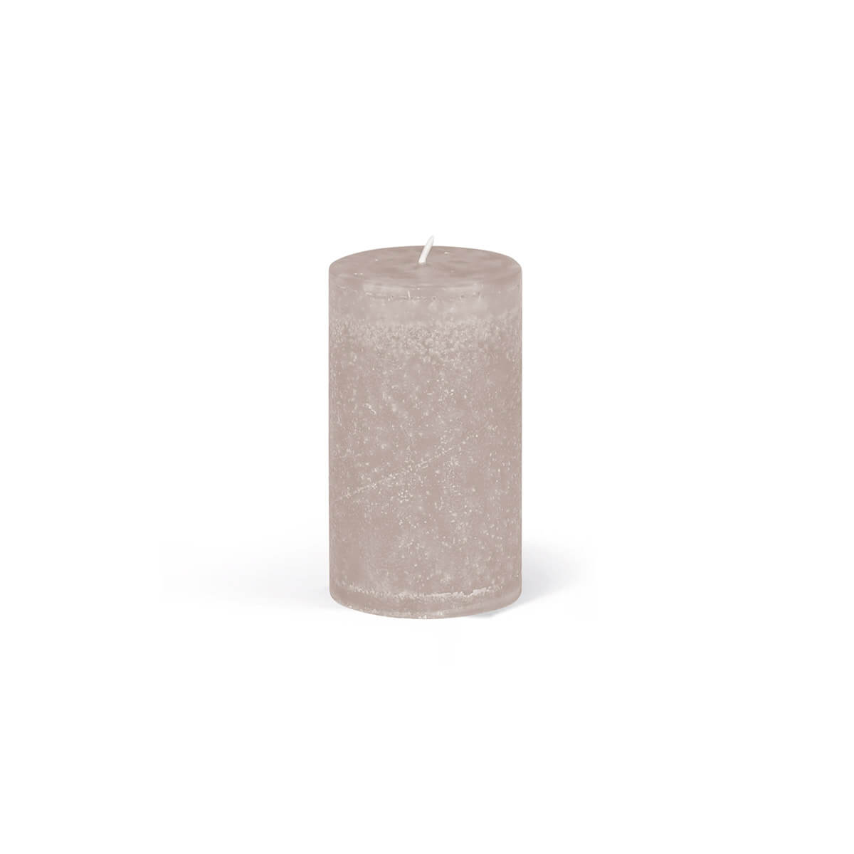 A single pillar candle in light grey stands against a white background. The candle is cylindrical and has a slightly textured, matt finish. The wick protrudes from the centre of the top.