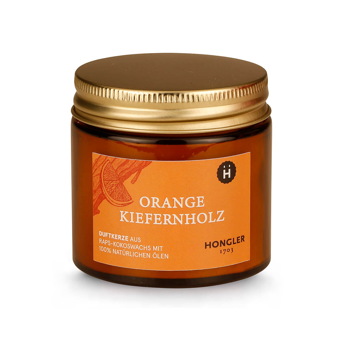 Duftkerze Hongler Orange Kiefernholz – rein natürliche Öle – vegan – aus Raps-Kokoswachs