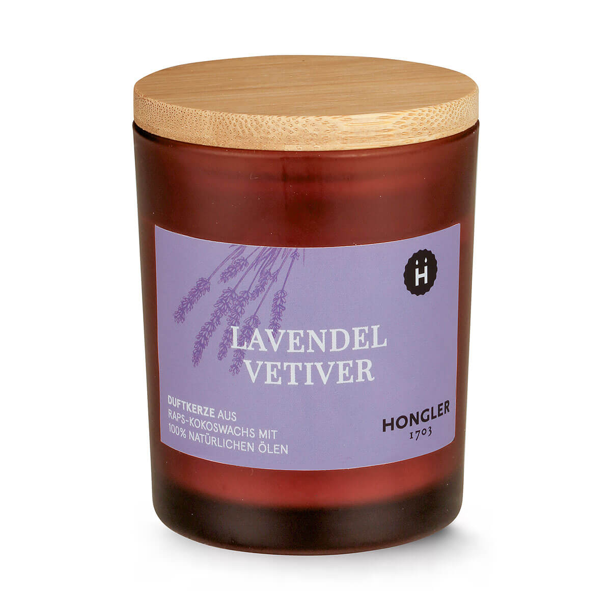 Duftkerze Amberglas Lavendel Vetiver – rein natürliche Öle – vegan – aus Raps-Kokoswachs