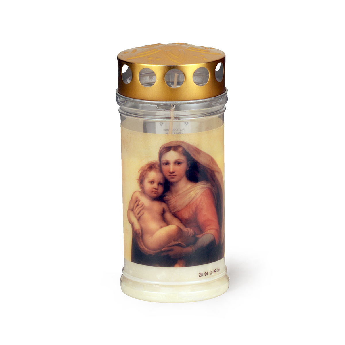 2740-00-A Grablicht mit Golddeckel No. 412 weiss - mit Madonna-Motiv - Brenndauer ca. 4 Tage