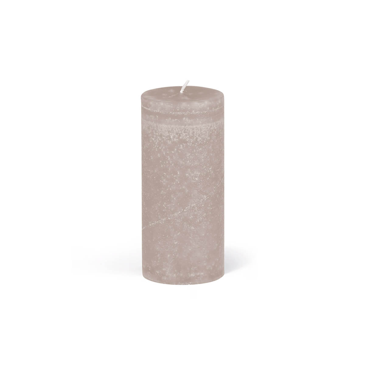 A single, cylindrical pillar candle in taupe, with a subtle marbled effect. The wick is positioned in the centre and protrudes slightly from the top. The candle stands on a white base and casts a faint shadow.