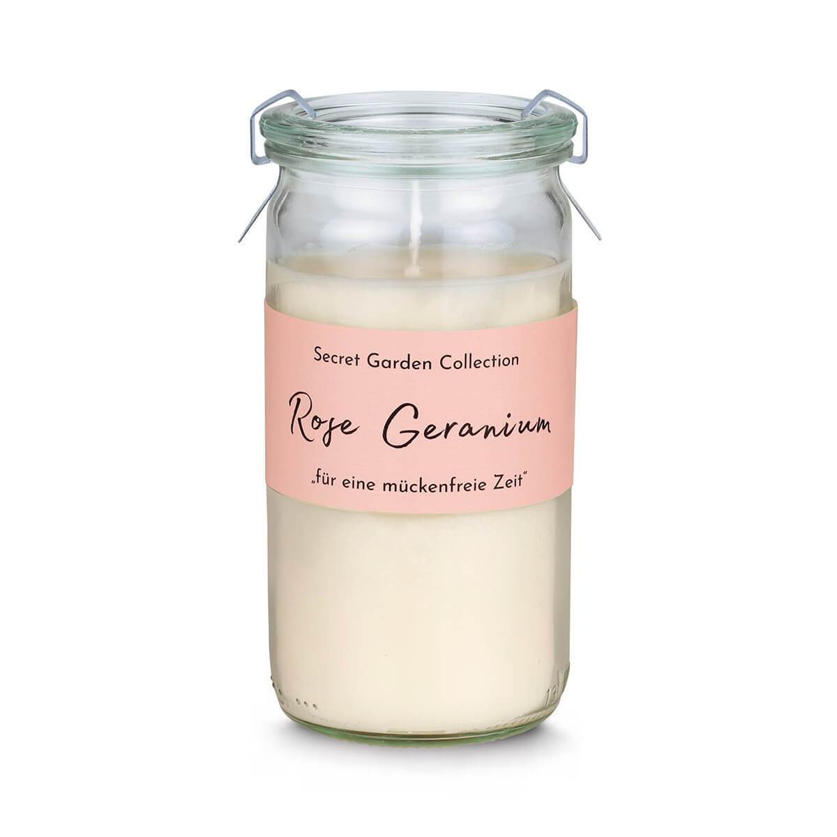 10423-00-A Duftkerze Secret Garden – Rose Geranium – im Weckglas – vegan – aus Raps-Kokos-Wachs