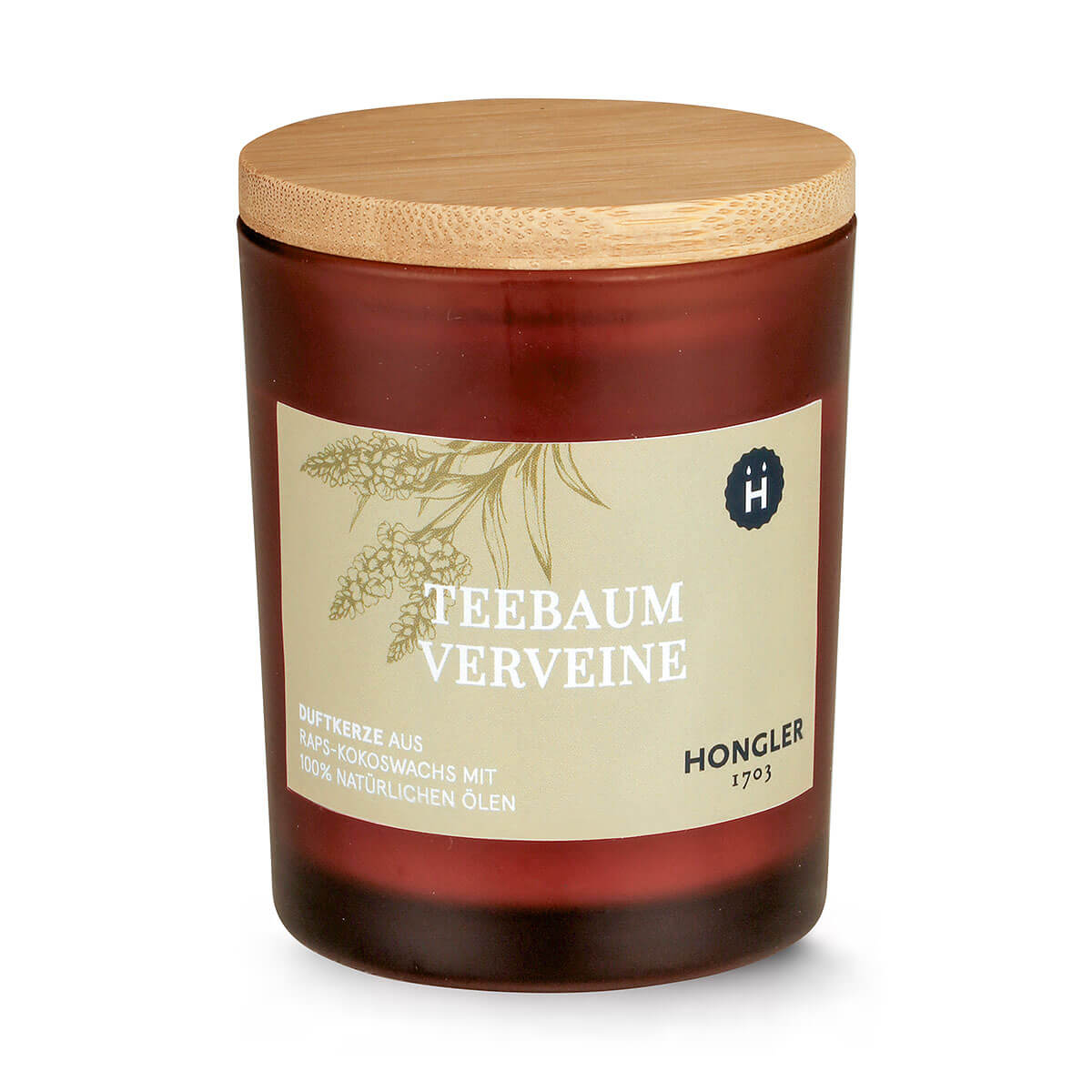 Duftkerze Amberglas Teebaum Verveine – rein natürliche Öle – vegan – aus Raps-Kokoswachs Duftkerze Amberglas Teebaum Verveine – rein natürliche Öle – vegan – aus Raps-Kokoswachs