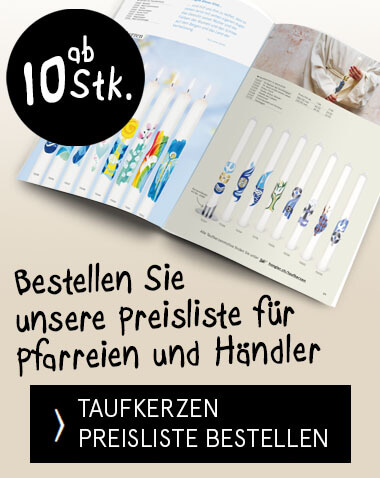 Double-sided banner with baptismal candle designs: left, colourful child-friendly candles; right, classic symbols. Black circle top left with white text 'from 10 items'. Bottom text: 'Price list for parishes'.