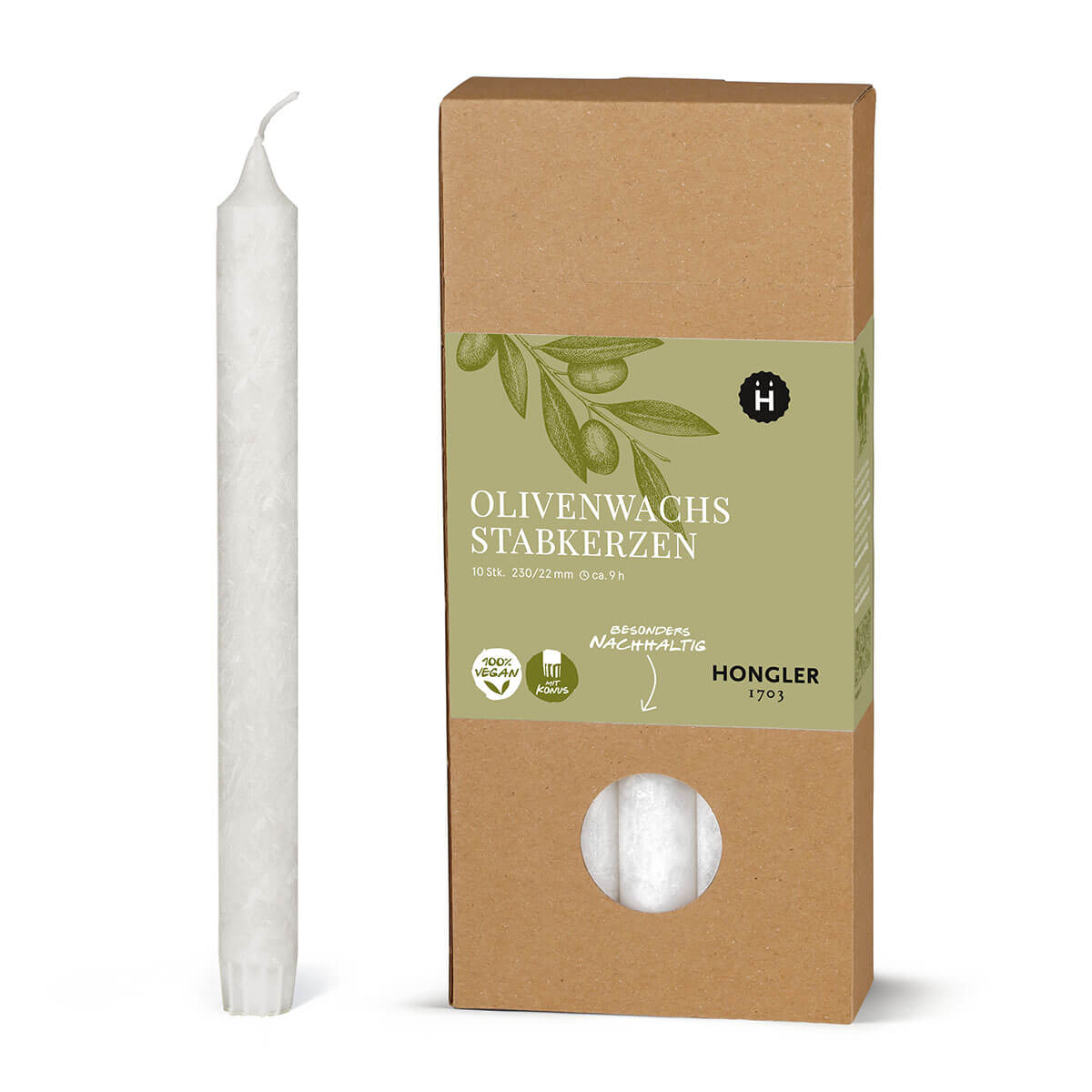 Stabkerzen aus Olivenwachs  – kristallin – 230/22 mm – vegan
