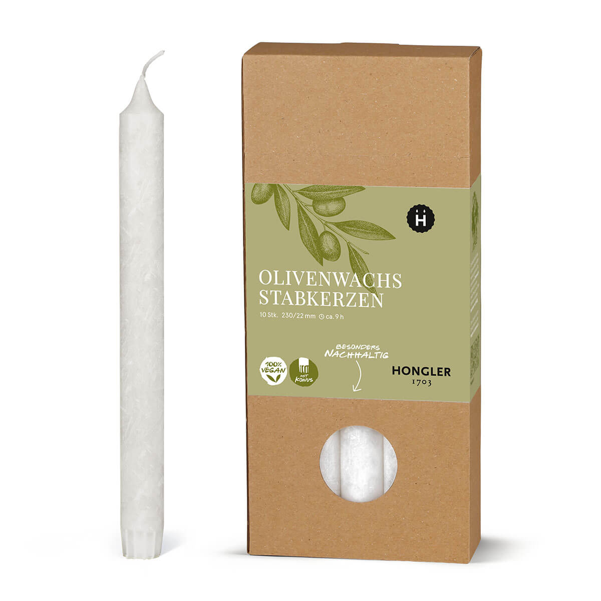 Stabkerzen aus Olivenwachs  – kristallin – 230/22 mm – vegan – Packung à 10 Stück Stabkerzen aus Olivenwachs  – kristallin – 230/22 mm – vegan – Packung à 10 Stück