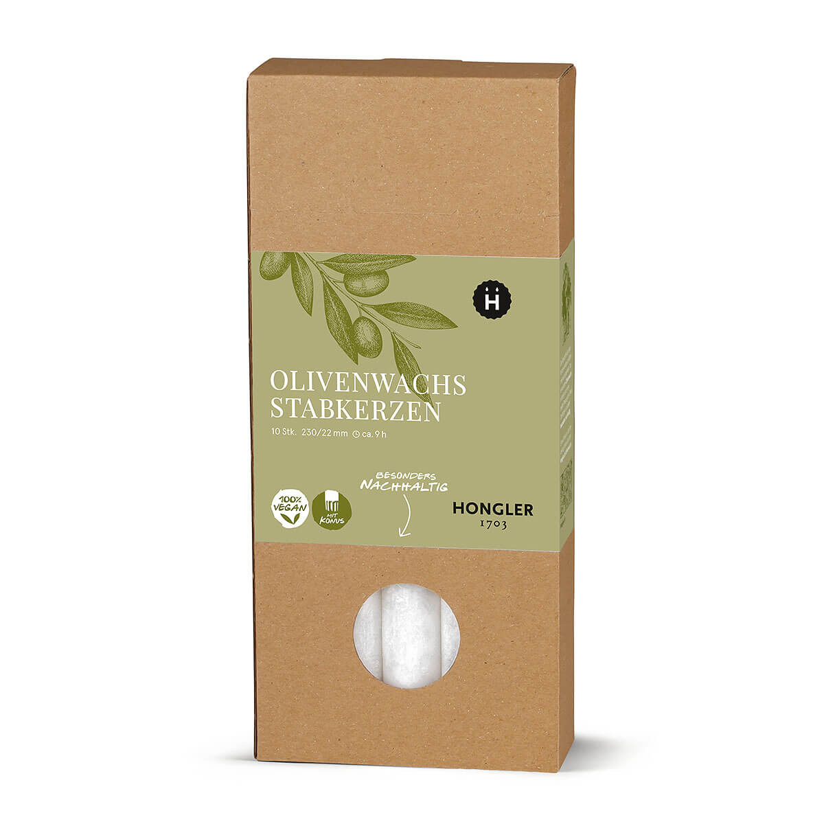 Stabkerzen aus Olivenwachs  – kristallin – 230/22 mm – vegan