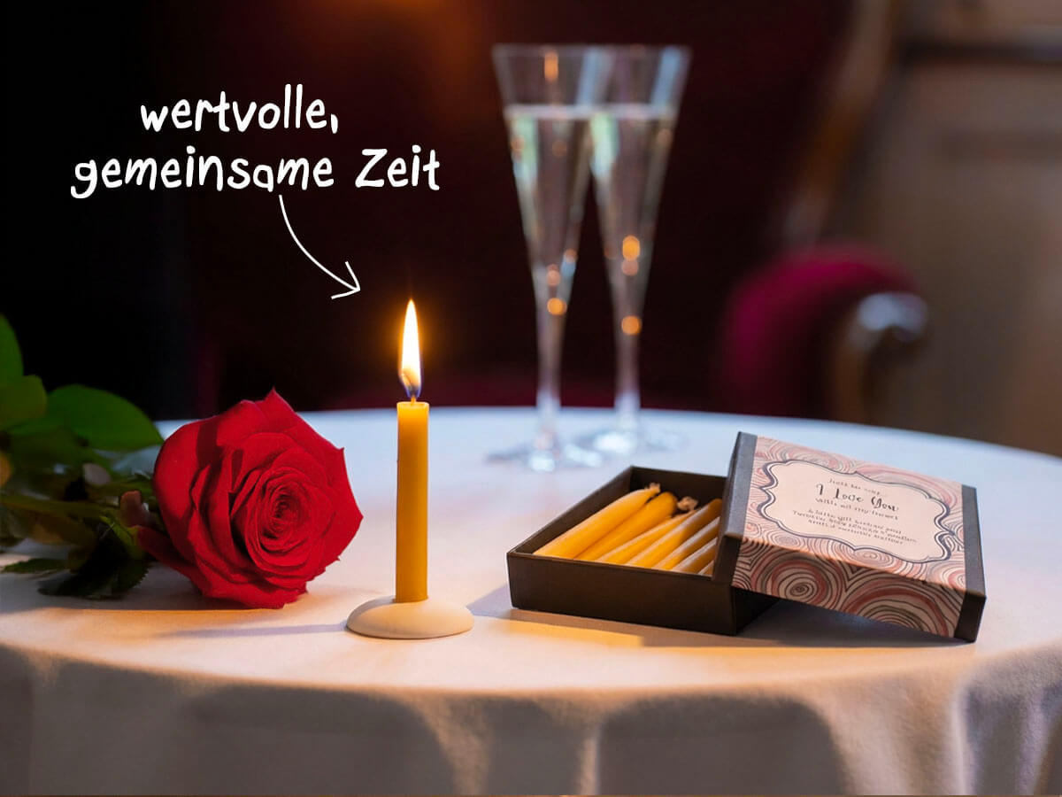 On a table with a white tablecloth stand a red rose, a burning yellow candle, two filled champagne glasses and an open box of yellow candles. The lid bears the words "I Love You". In the background is a dark red armchair.