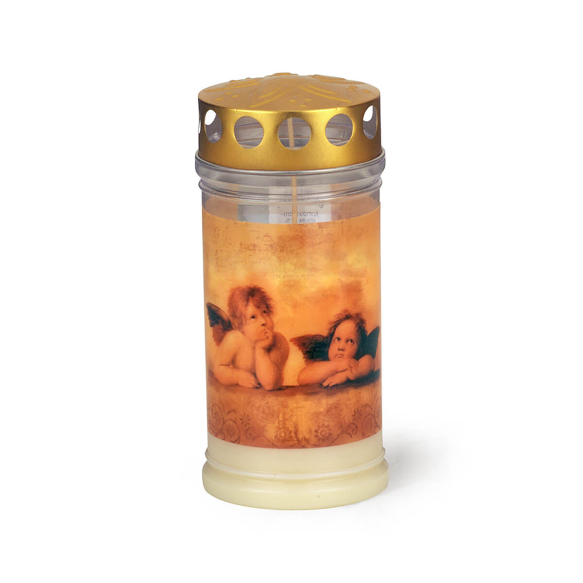 7939-00-A5daeaf1e95841 Grablicht mit Golddeckel No. 410 weiss - mit Engel-Motiv - Brenndauer ca. 4 Tage