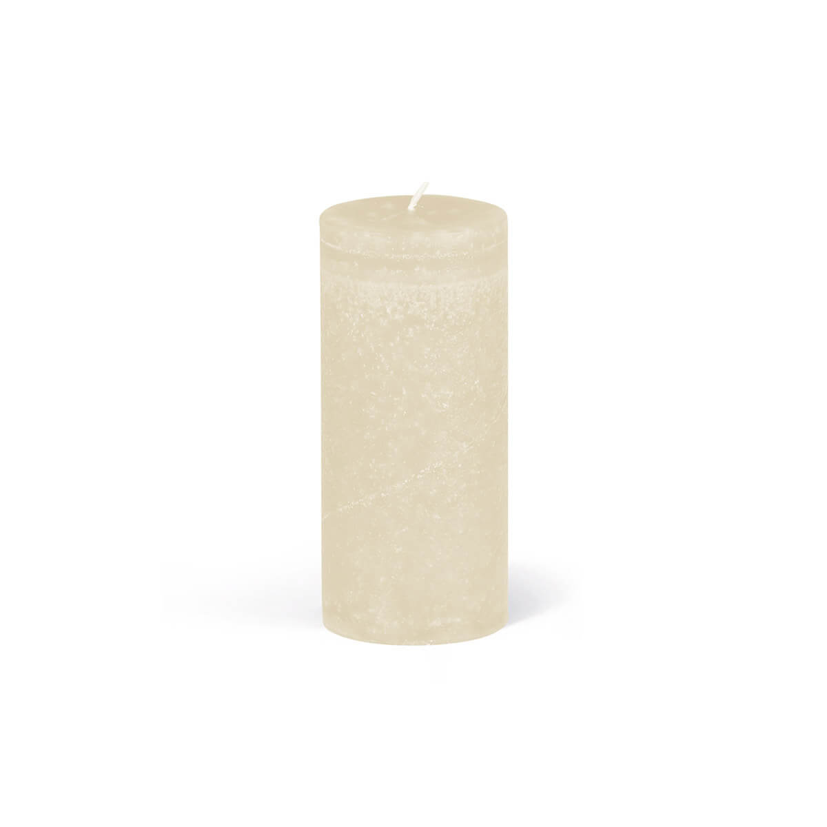 A cylindrical, cream-coloured candle stands upright against a white background. The candle has a slightly rough texture and a short, white wick in the centre. A faint shadow is visible beneath the candle.
