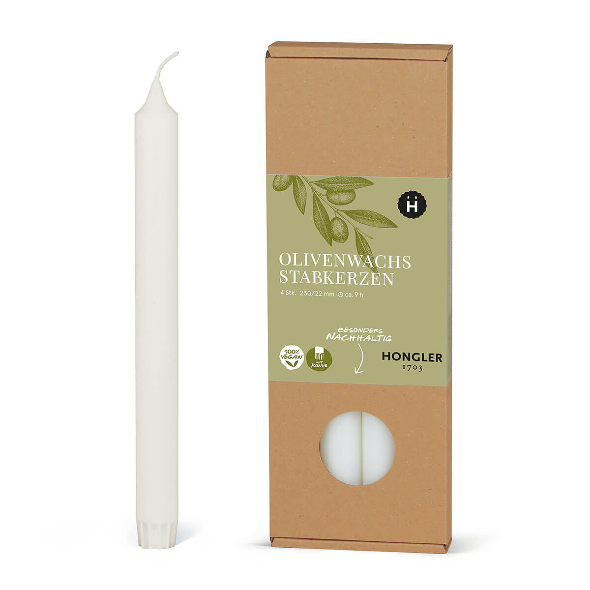 Stabkerzen aus Olivenwachs  – glatt – 230/22 mm – vegan – Packung à 4 Stück Stabkerzen aus Olivenwachs  – glatt – 230/22 mm – vegan – Packung à 4 Stück